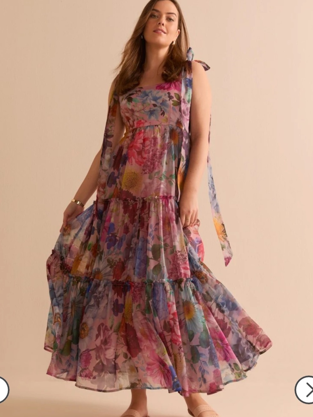 Francesca's Collections Multi Floral Tie-Shoulder Tiered Maxi Dress